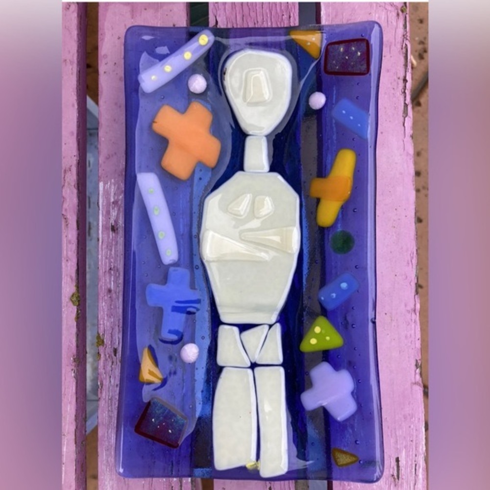 Ancient Greek Cycladic Figure on Blue Fused Art Glass  Handmade 9” x5” Art Tray